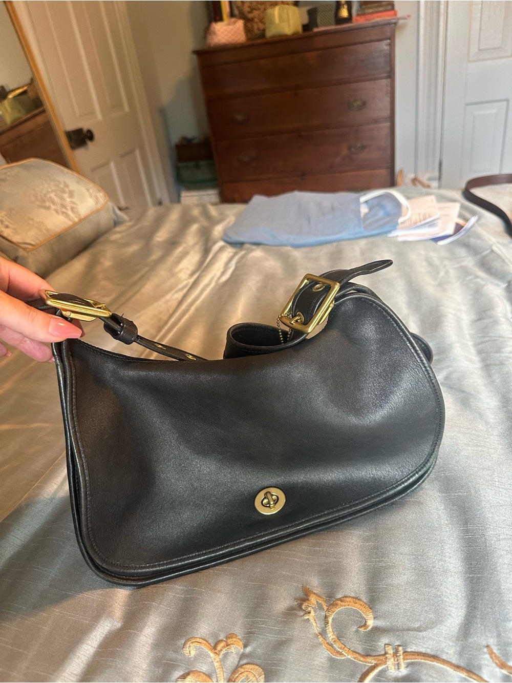 Coach crescent bag Black Leather Shoulder Bag with Gold Hardware